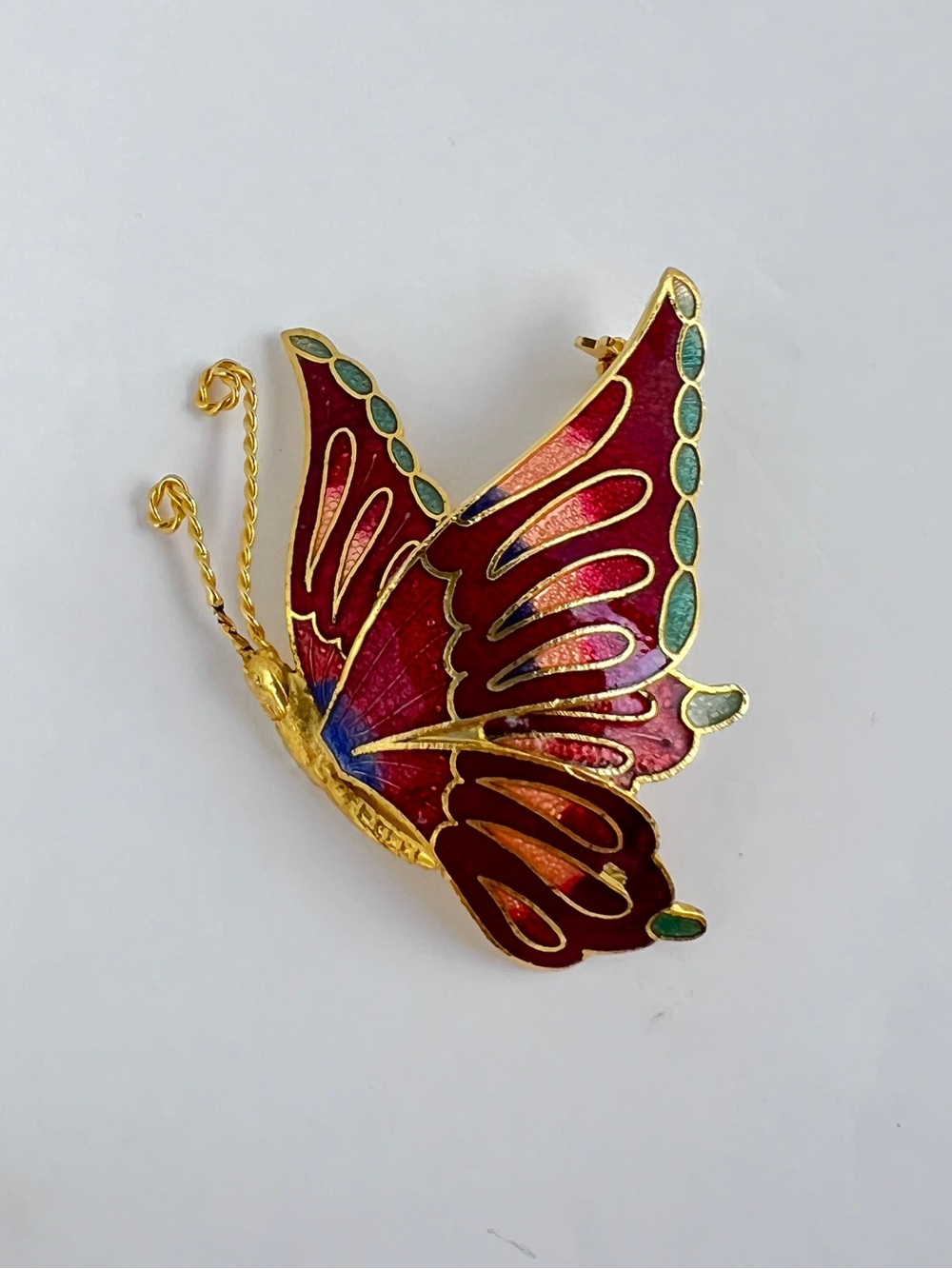Vintage Cloisonne Enamel Butterfly Brooch Pin Gold Tone Multicolor Wings
